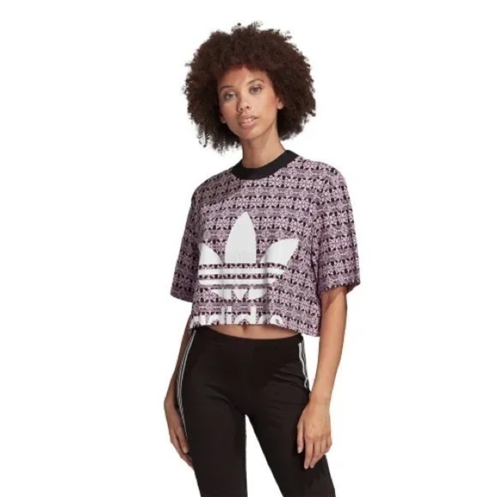 ADIDAS | Crop athletic trefoil geometric graphic tee pink purple - size medium